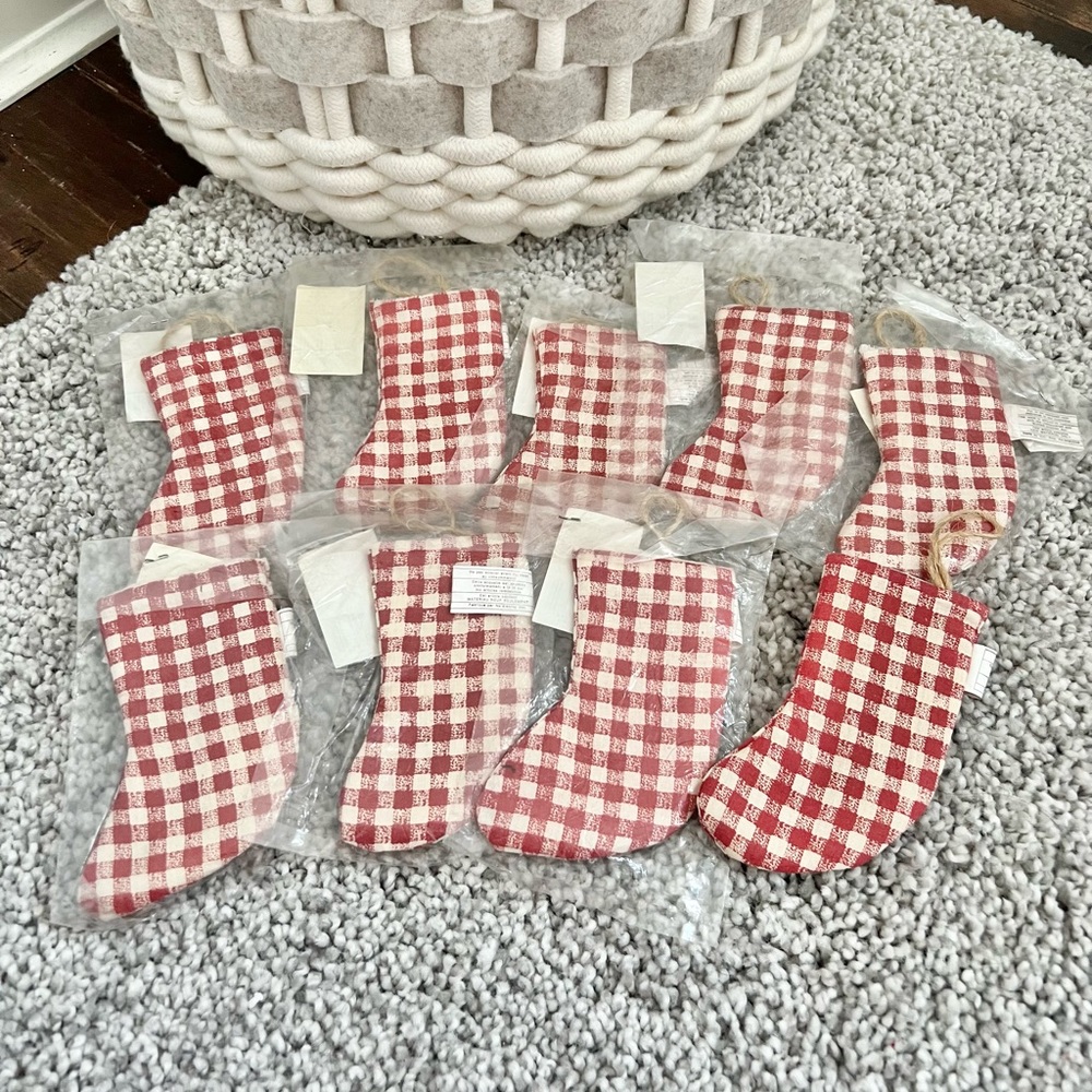 8 Gingham Mini Stocking Homespun Christmas Tree Ornaments or Utensil Holders